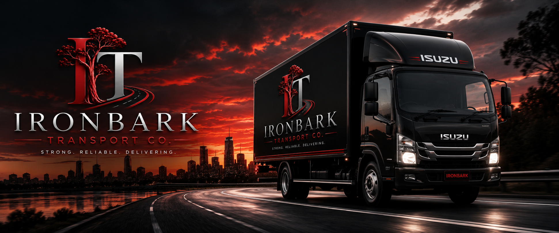 Ironbark Transport Co. truck travelling on a highway at sunset